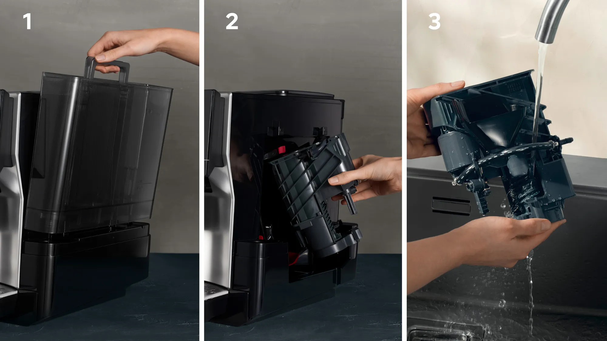Trzy obrazy pokazujące etapy czyszczenia ekspresu do kawy. Ręka wyjmuje i myje części.
