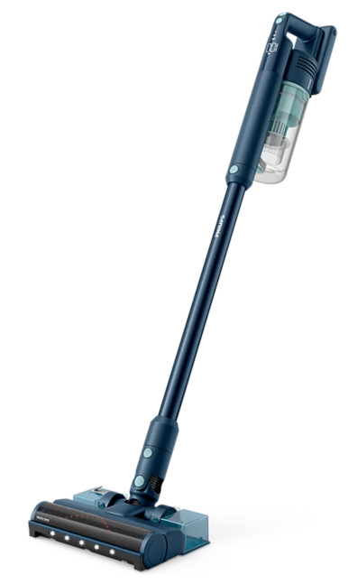 Niebieski odkurzacz bezprzewodowy. Ma długi uchwyt i przezroczysty pojemnik na kurz.