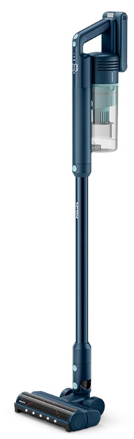 Niebieski odkurzacz bezprzewodowy stoi wyprostowany. Ma długi uchwyt i szczotkę na dole.