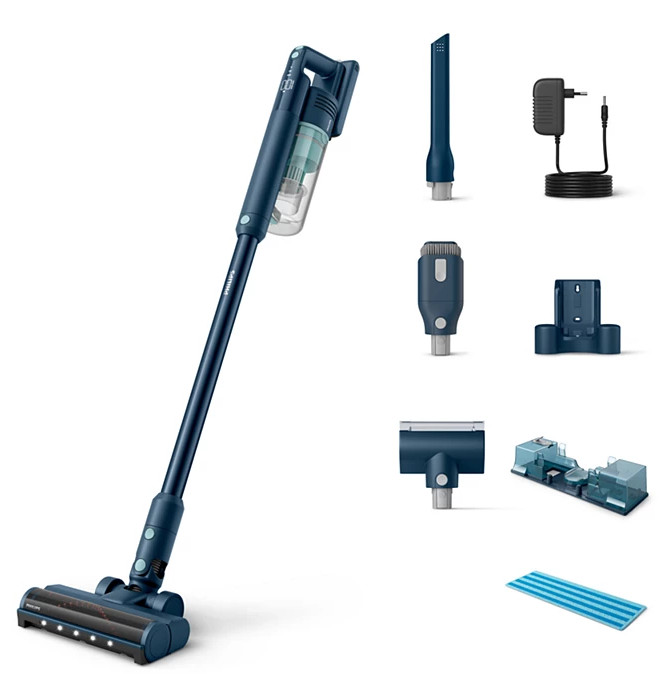 Niebieski odkurzacz bezprzewodowy z akcesoriami. Części obejmują stację ładującą i mop.