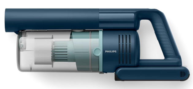 Odkurzacz ręczny w kolorze niebieskim, z przezroczystym pojemnikiem na kurz.