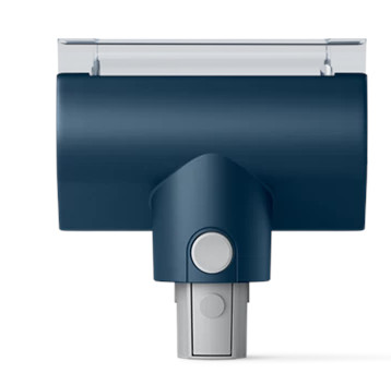 Ciemnoniebieska końcówka do odkurzacza z białą górą i przyciskiem.