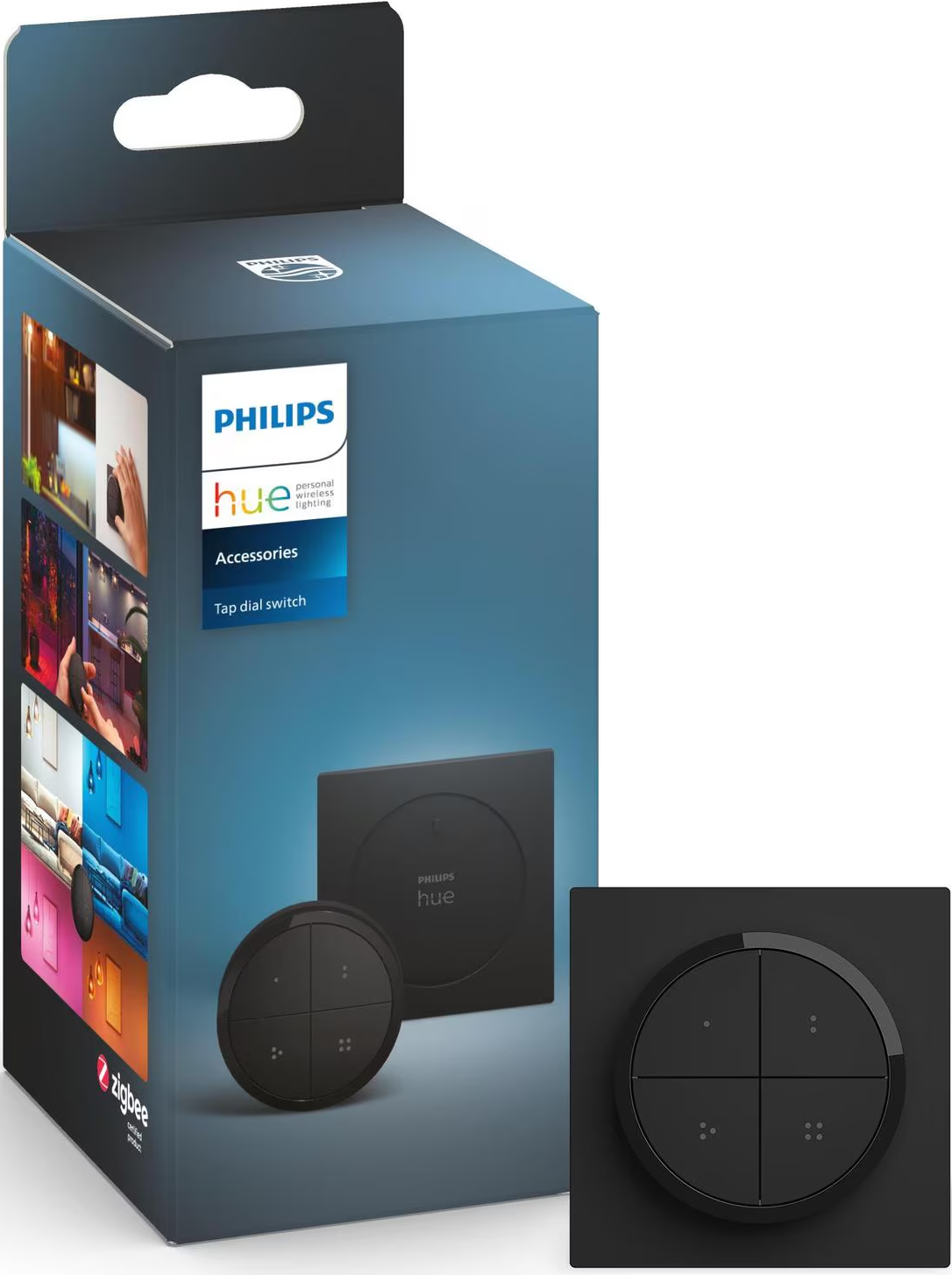 Une boîte noire de commutateur à cadran Philips Hue Tap et le produit. Le commutateur a quatre boutons.