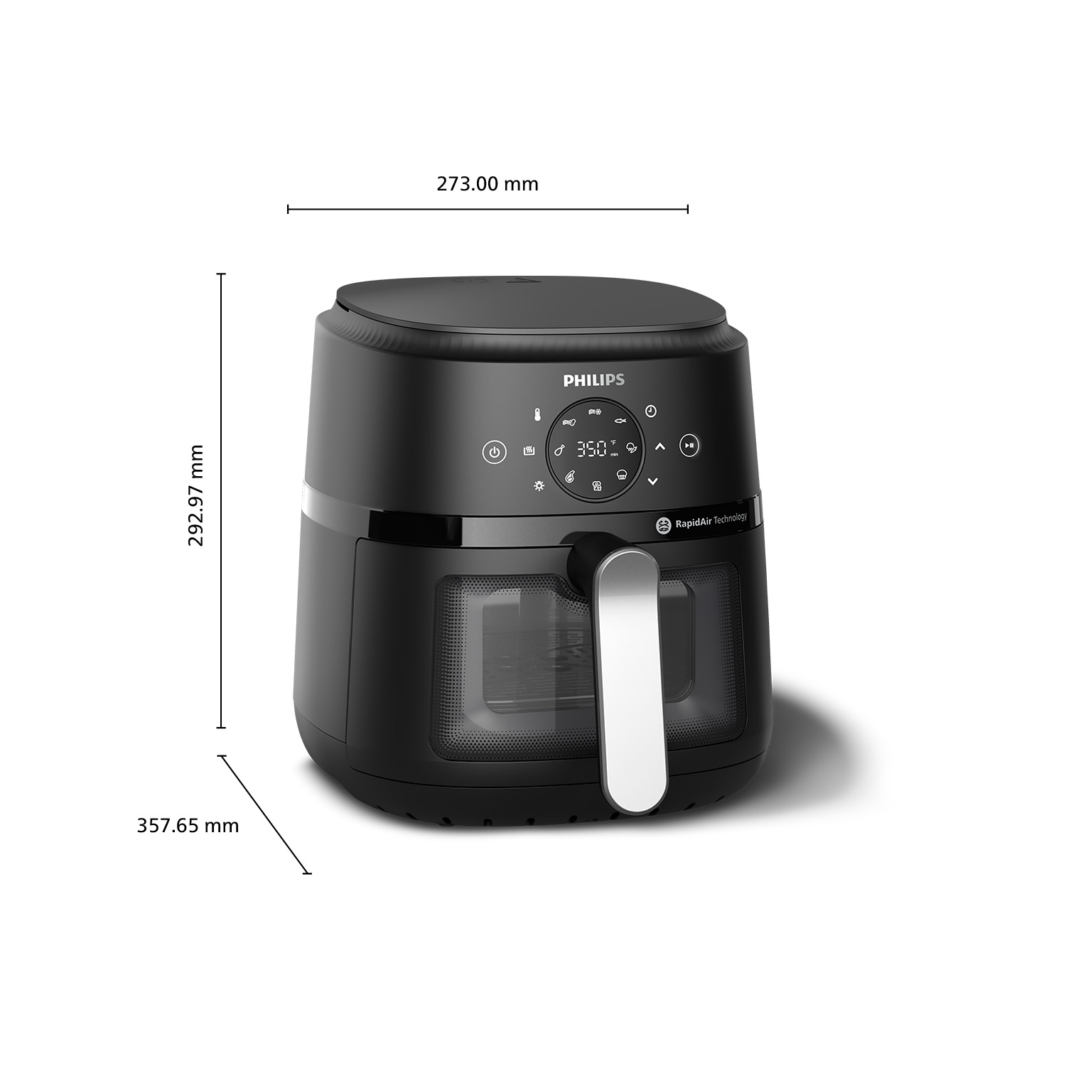Freidora de aire negra con dimensiones marcadas. Marca Philips, sobre fondo blanco.