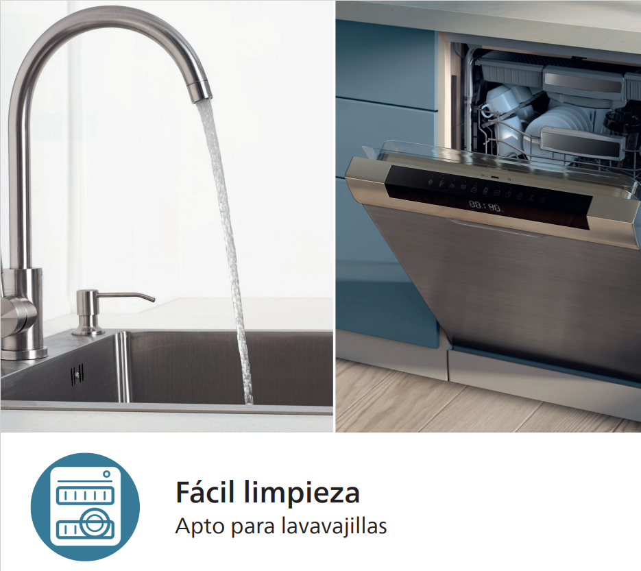 El agua fluye de un grifo a un fregadero y un lavavajillas.
