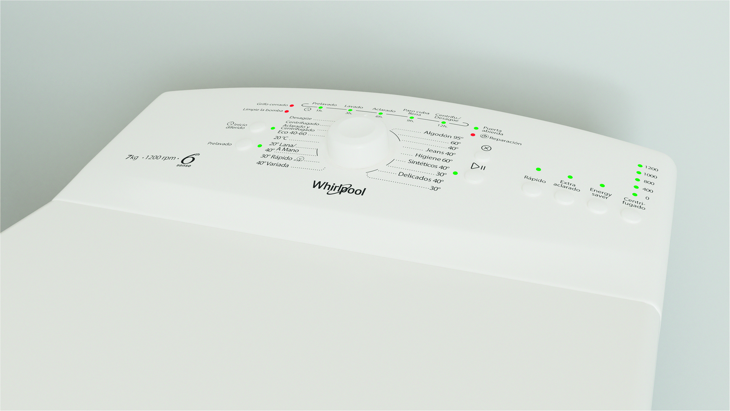 Panel de control de lavadora blanco con texto y luces de ajuste.