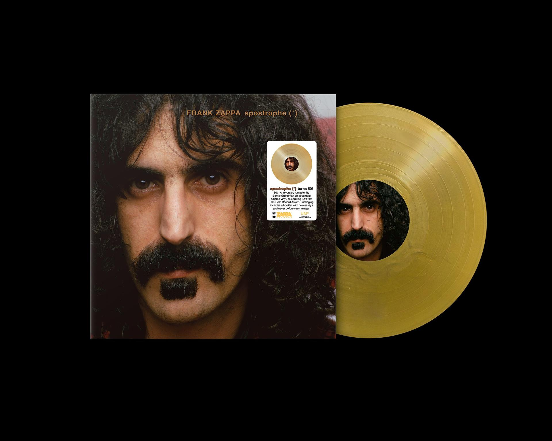 Ein Frank Zappa-Albumcover mit seinem Gesicht und einer goldenen Schallplatte auf schwarzem Hintergrund.