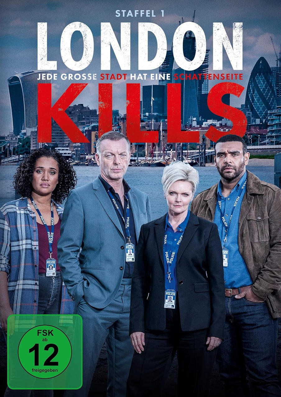 London Kills TV-Serienposter. Vier Personen vor der Londoner Skyline.