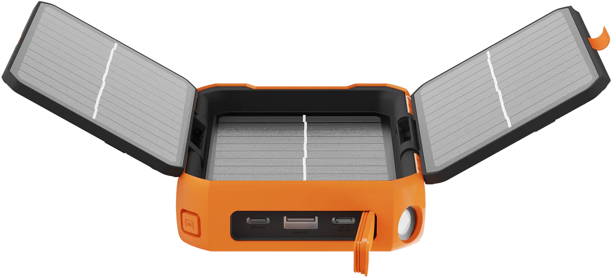 Orangenes Solarladegerät mit zwei geöffneten Solarpanelen.