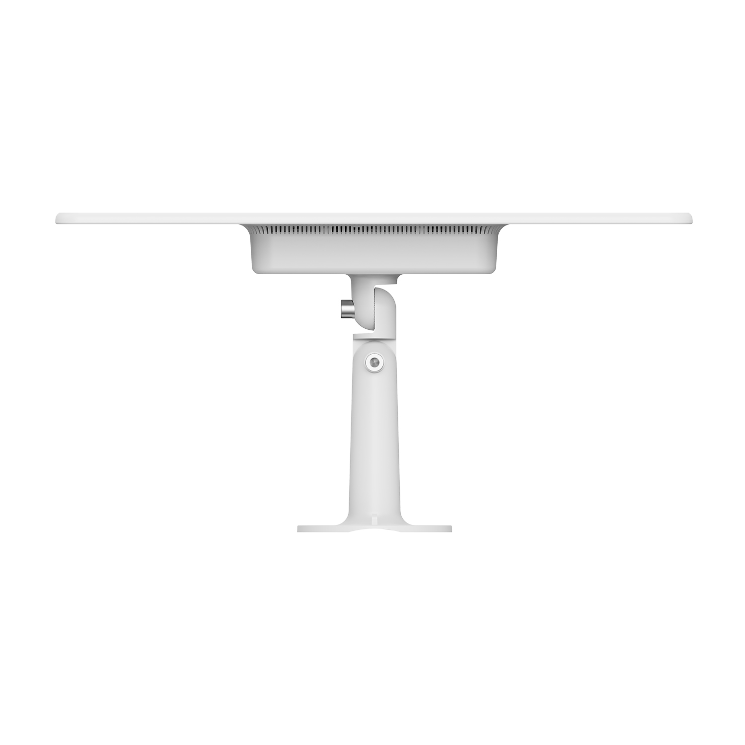 Ventilatore da soffitto bianco, vista laterale, con base di montaggio e alloggiamento motore centrale.