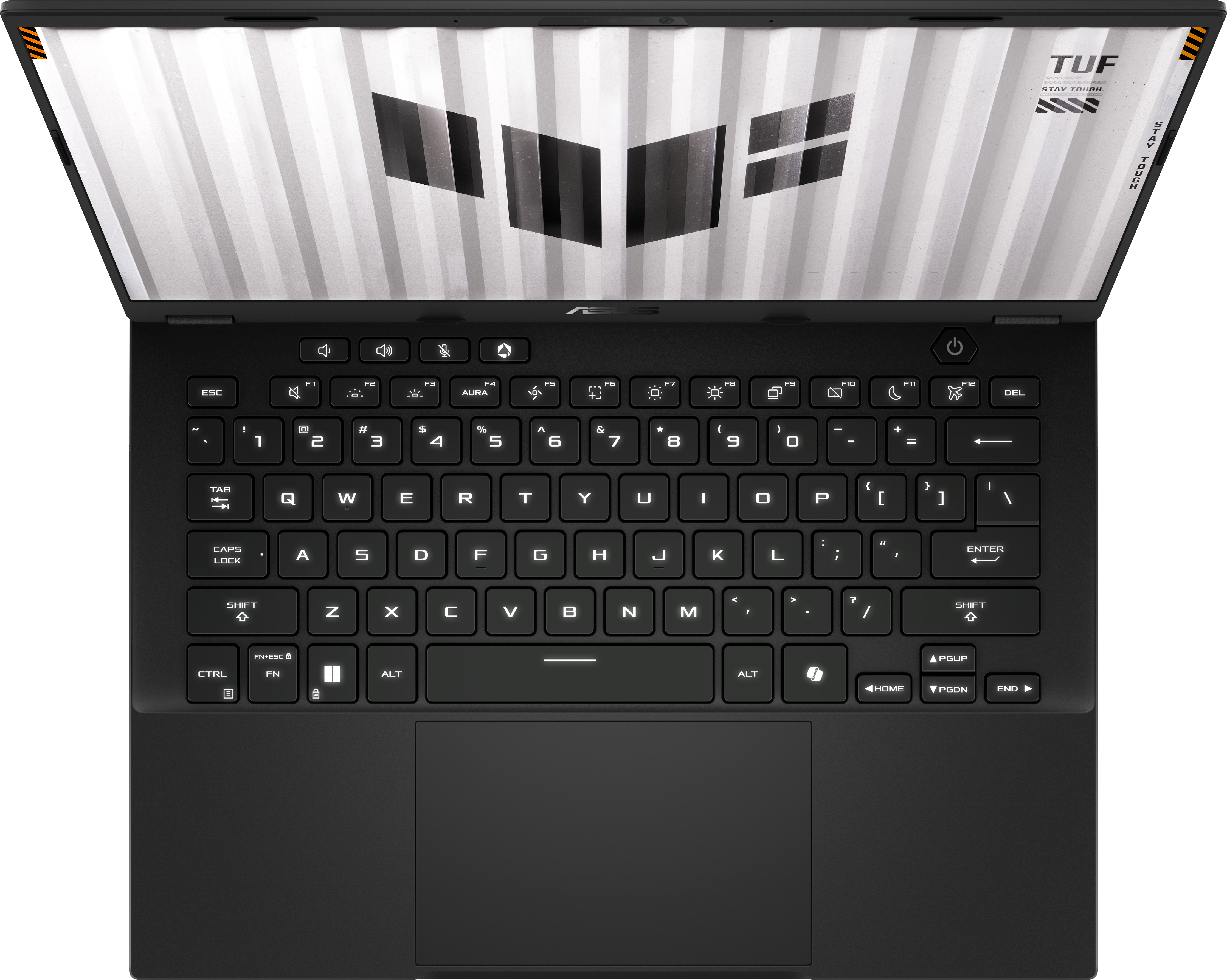 Ordinateur portable noir, ouvert, vue de dessus du clavier, bouton d'alimentation et pavé tactile visibles.