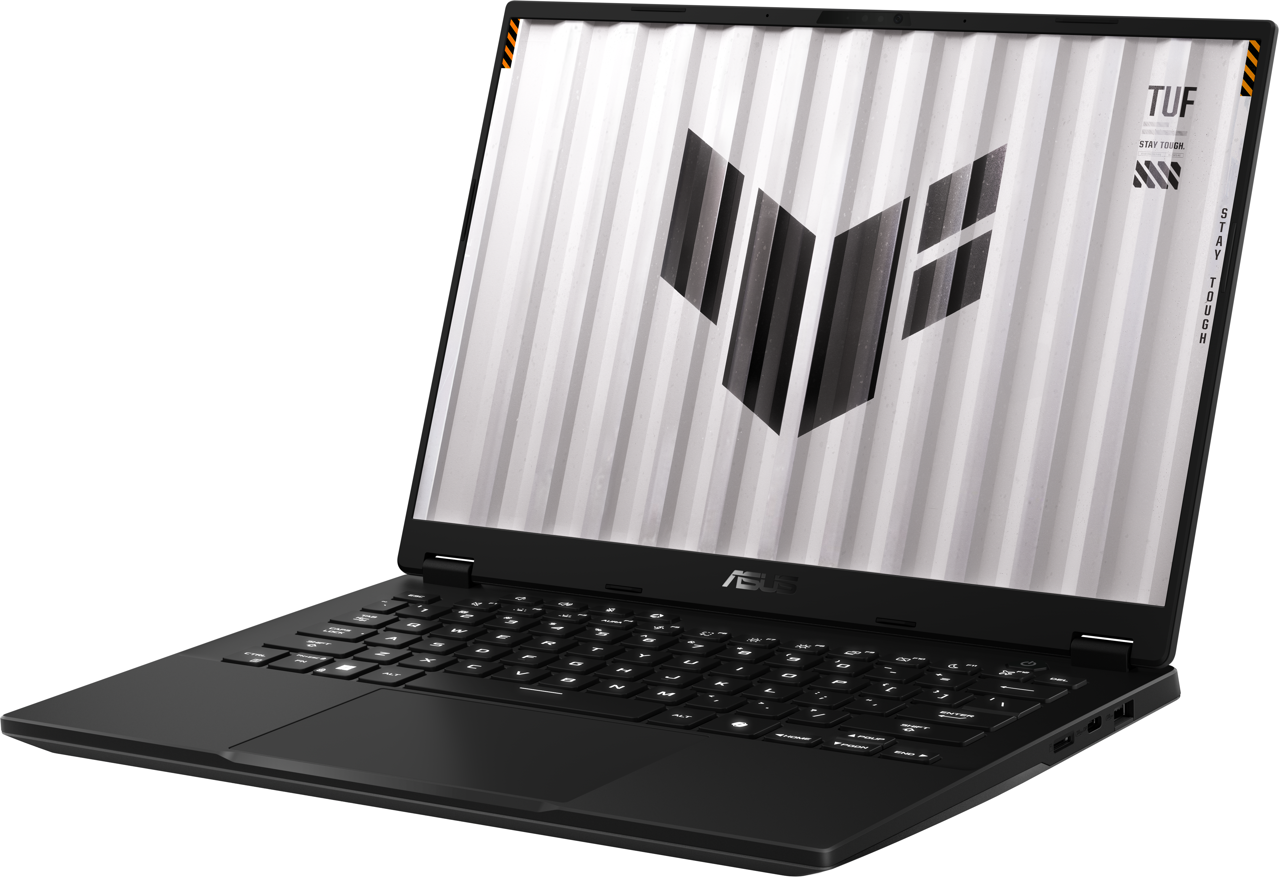 Ordinateur portable noir, ouvert, avec clavier, écran avec motif de lignes blanches et grises, logo TUF.