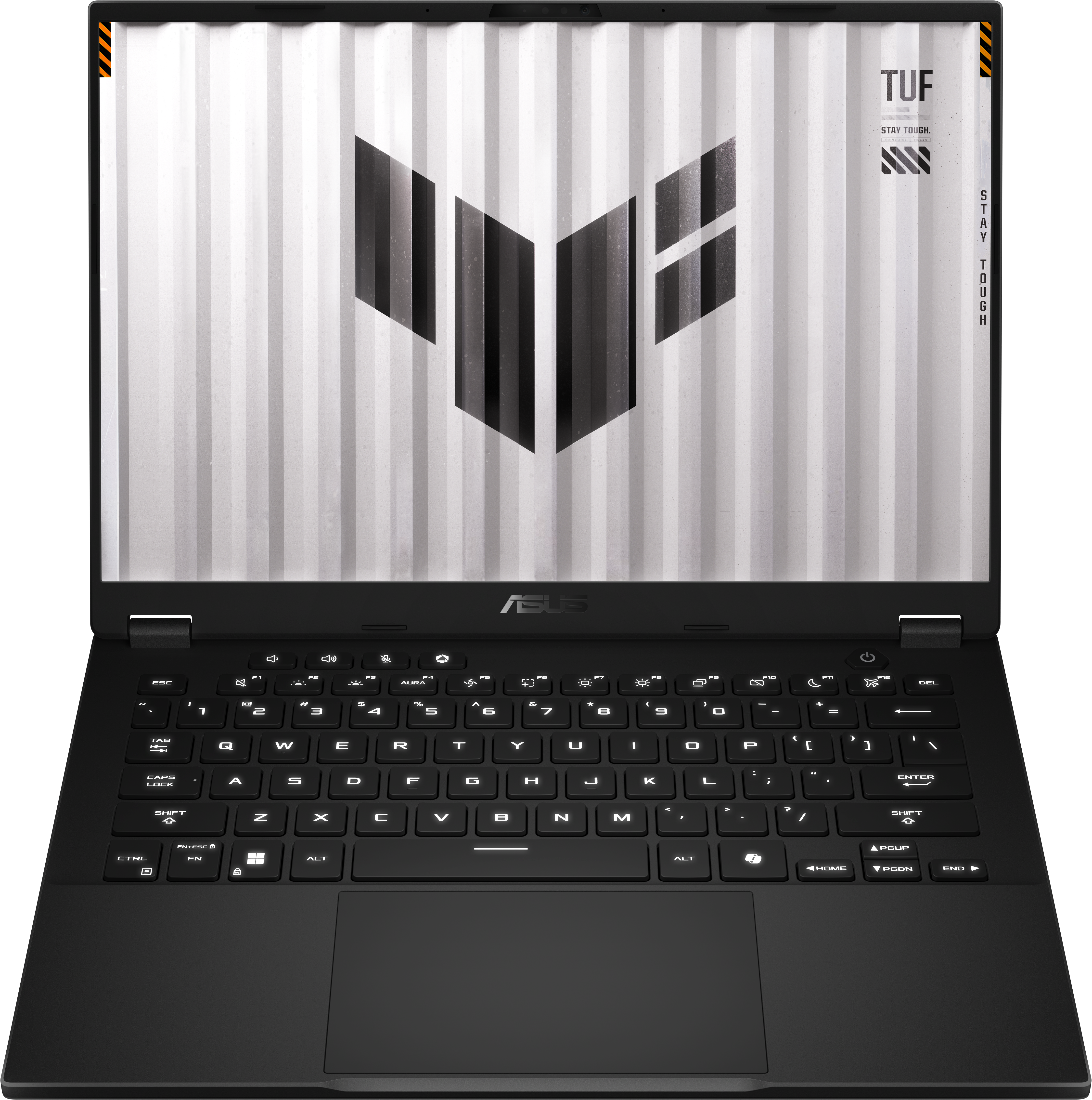 Ordinateur portable ASUS TUF noir avec un design de conteneur blanc et gris.