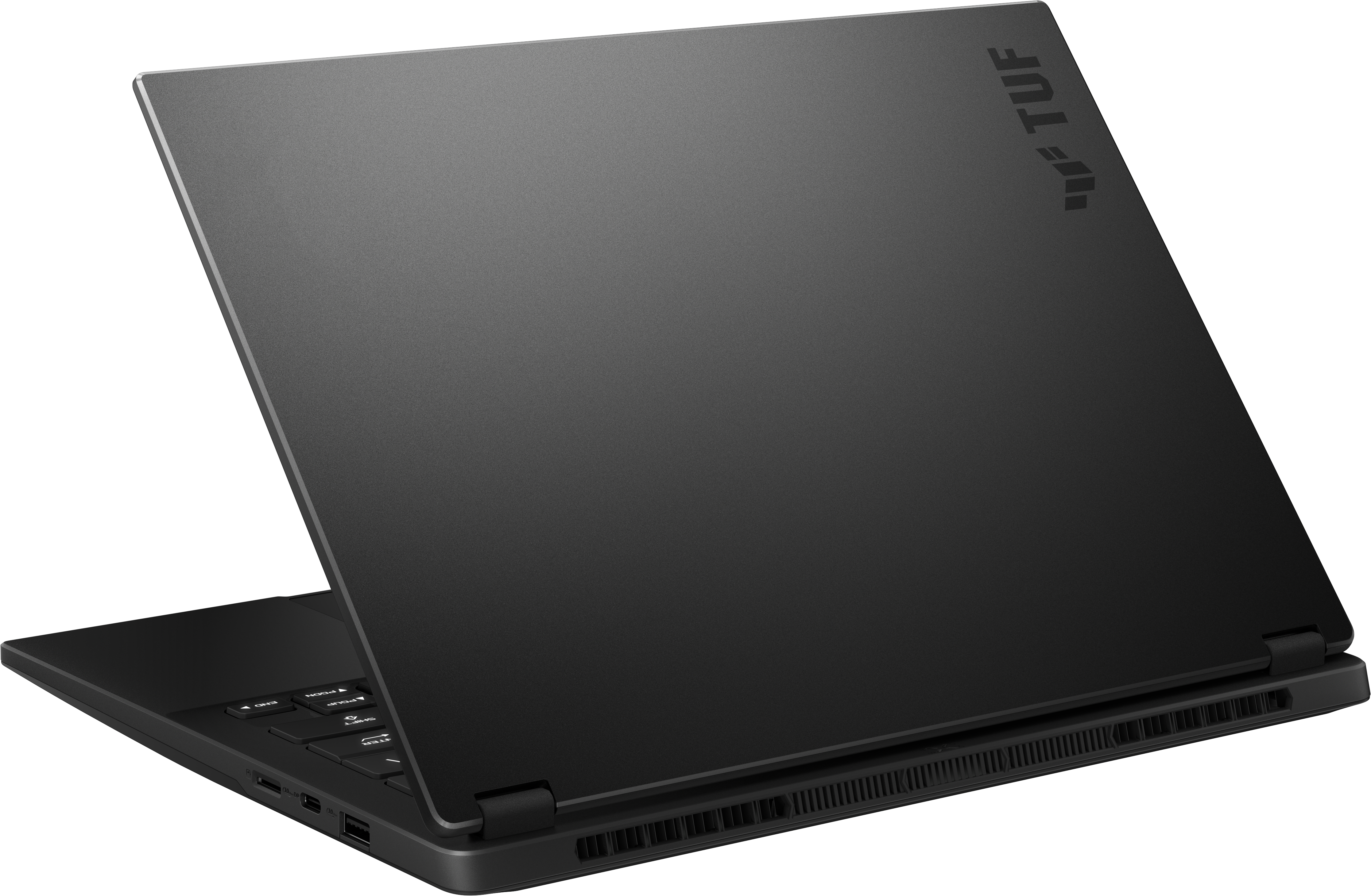 Ordinateur portable noir, partiellement ouvert, montrant le clavier et la ventilation. Logo TUF visible.