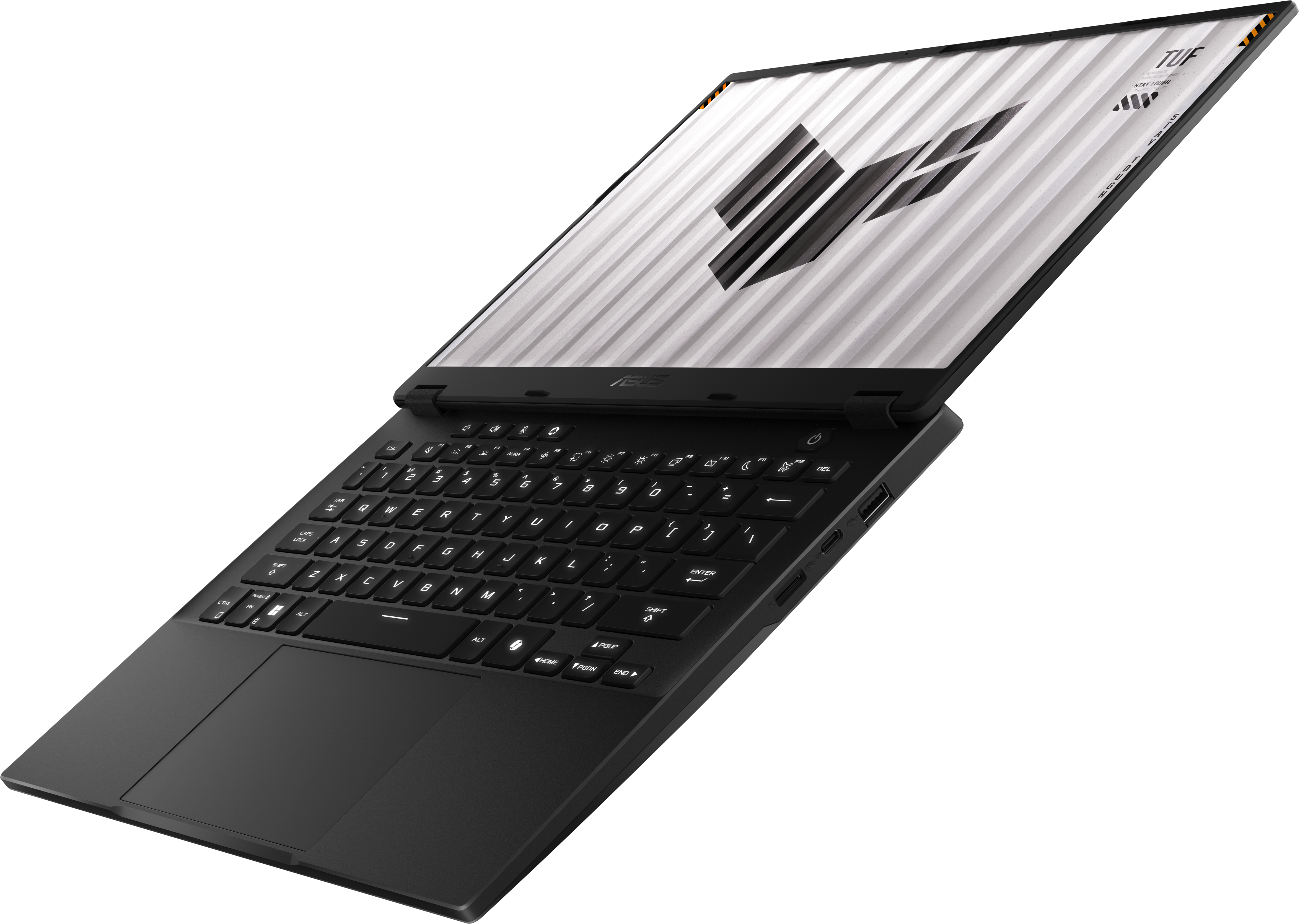 Ordinateur portable noir avec l'écran ouvert, clavier et logo visibles.