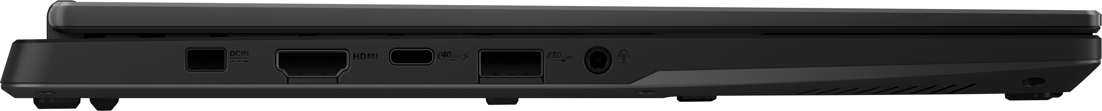 Vue des ports d'un ordinateur portable noir, dont DC, HDMI, LAN et audio.