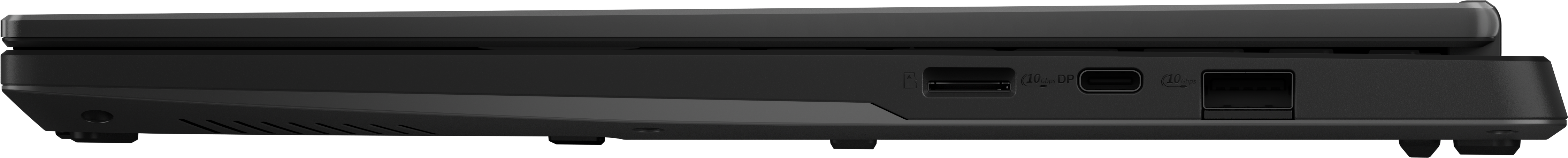 Vue latérale d'un ordinateur portable noir, montrant les ports, dont USB, HDMI et Ethernet.