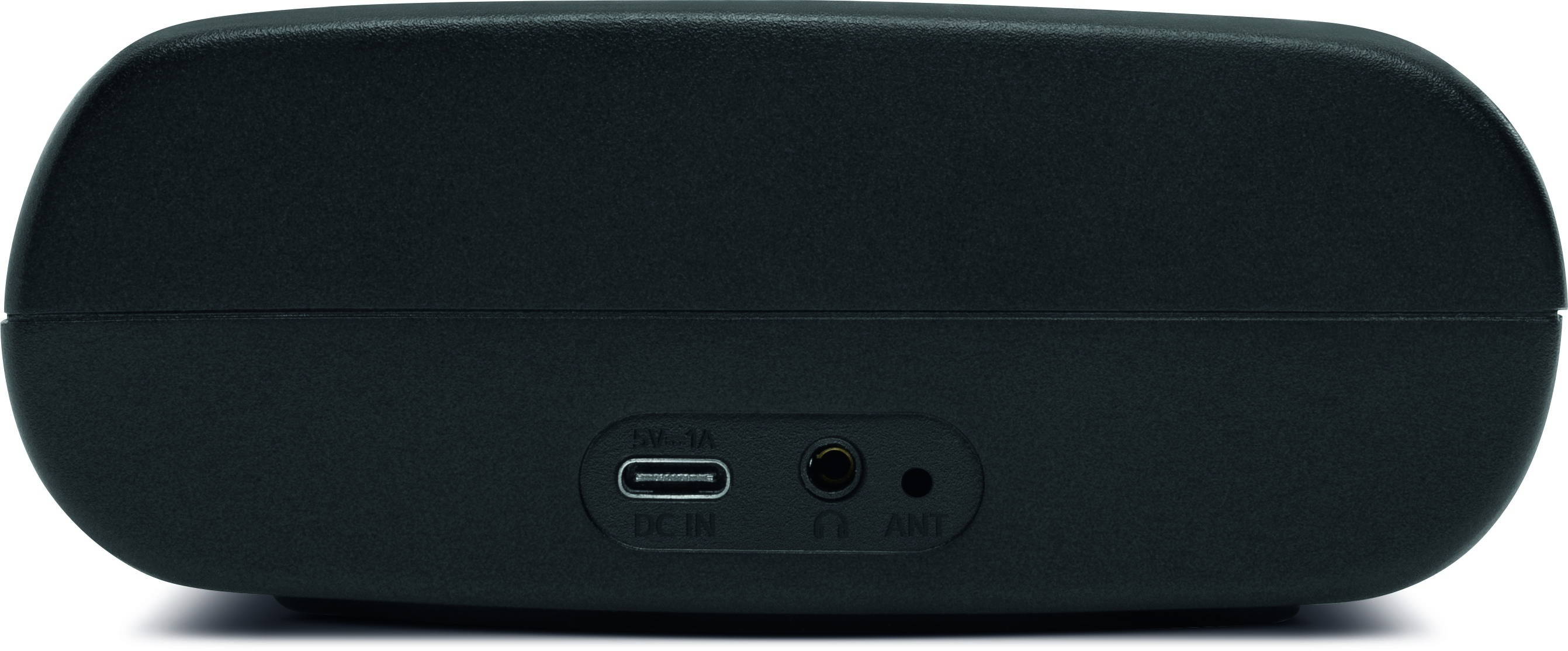 Ein schwarzes Gerät mit Anschlüssen und einem USB-Anschluss auf der Rückseite, mit dem Wort ANT sichtbar.