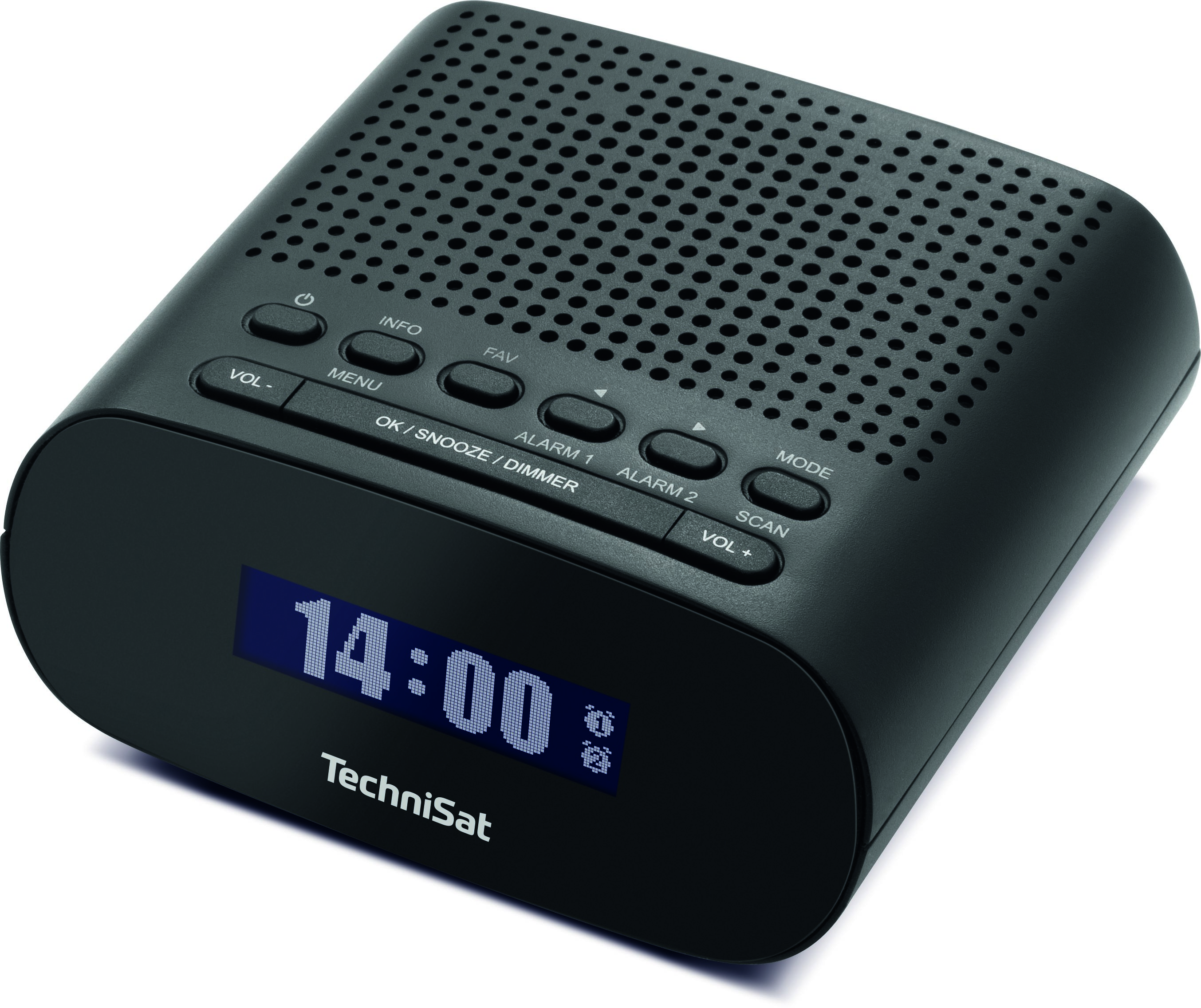 Schwarzer Radio-Wecker. Digitalanzeige mit Uhrzeit, Tasten oben.