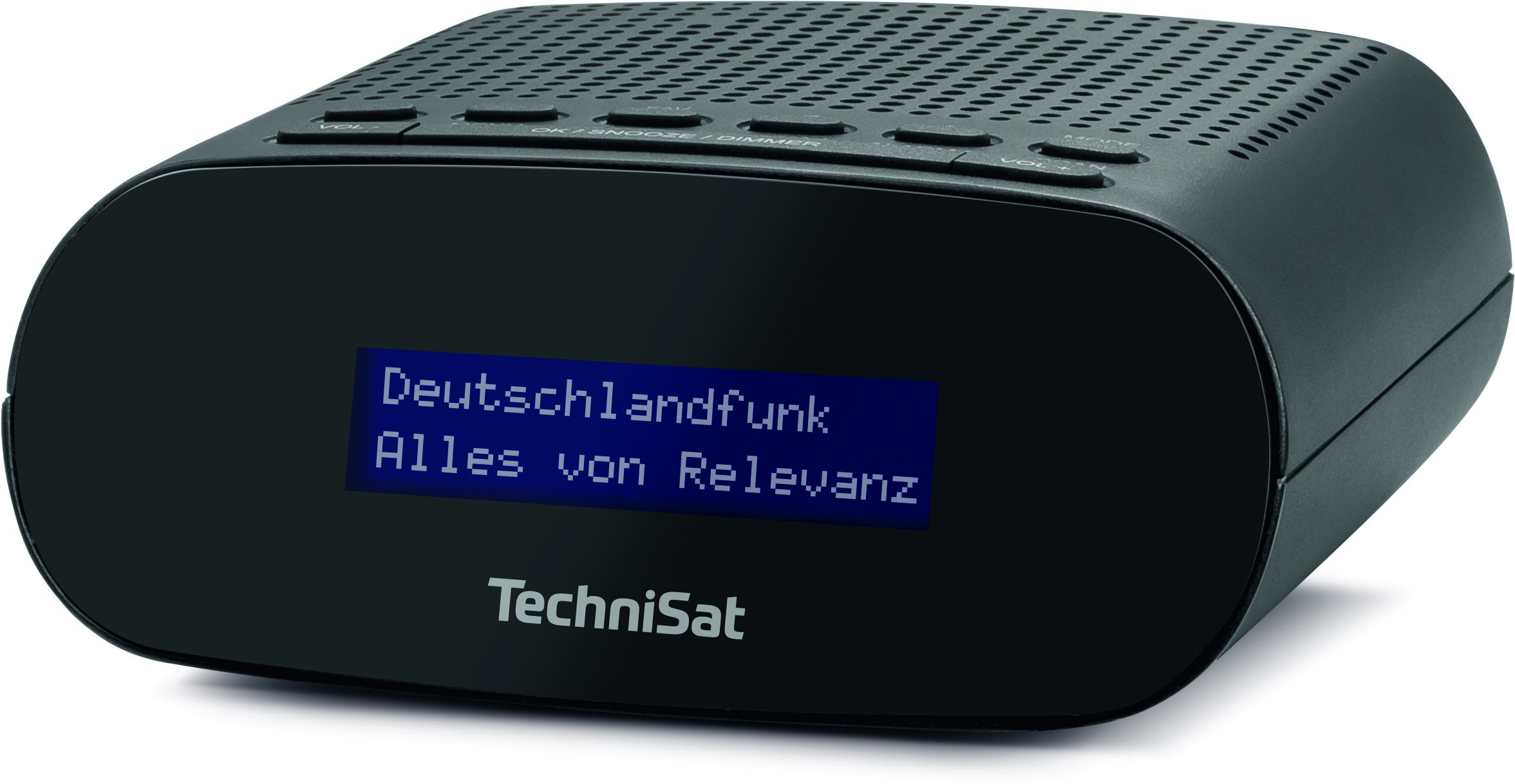 Ein schwarzes Radio mit einem Bildschirm, der Stationsinformationen anzeigt, Marke TechniSat.