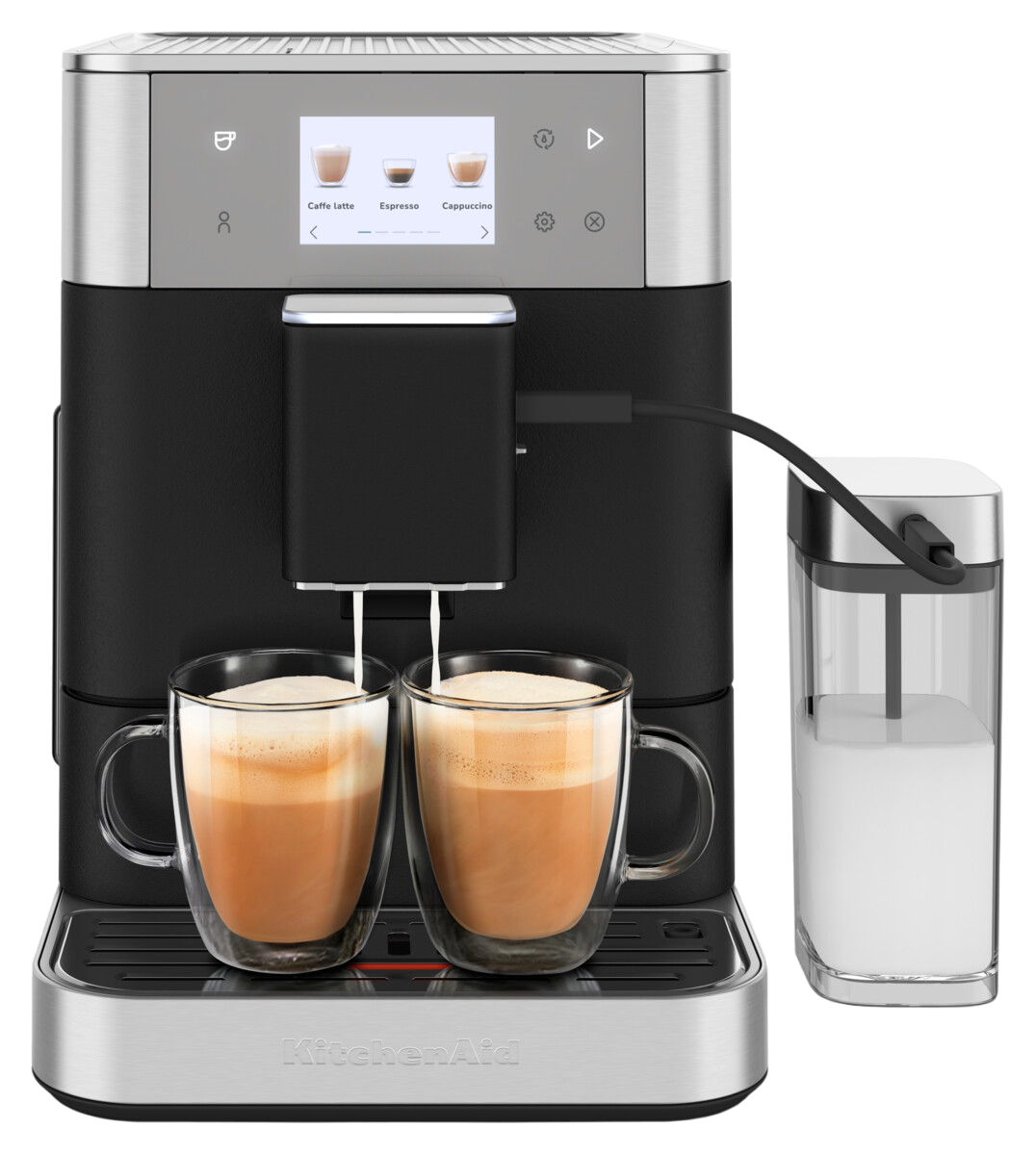 Kaffeemaschine mit zwei Tassen, Milchbehälter und Touchscreen.