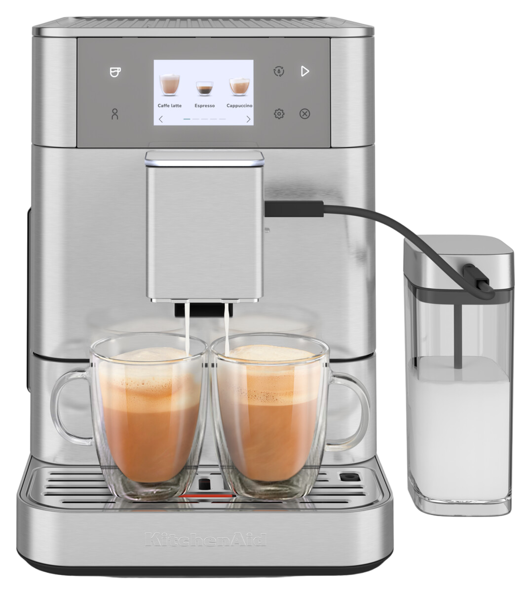 Silberne KitchenAid Espressomaschine mit zwei Glasbechern mit Kaffee. Milchbehälter an der Seite.