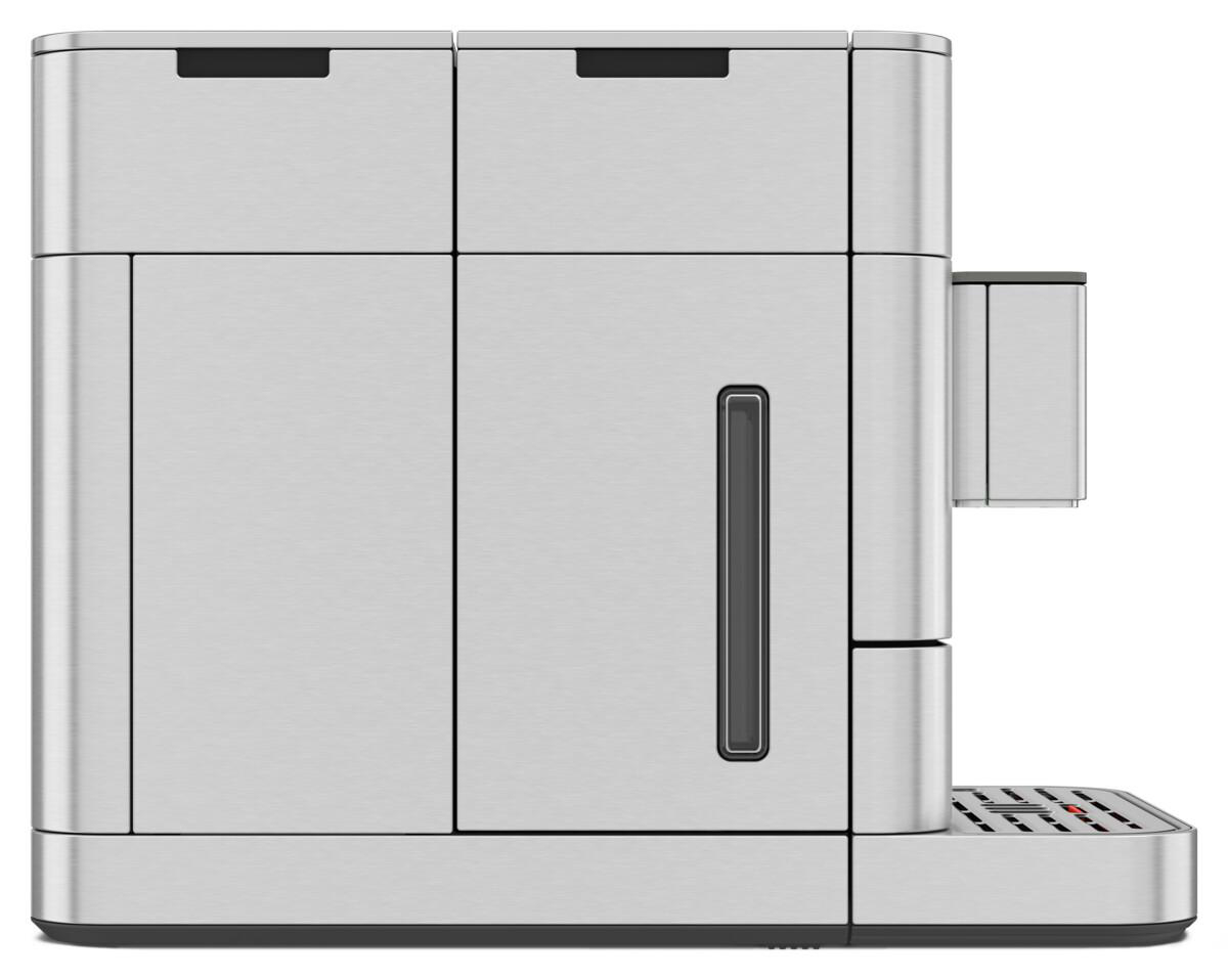 Kaffeemaschine aus Edelstahl, Seitenansicht. Sie hat zwei Fächer, einen Wassertank und eine Tropfschale.