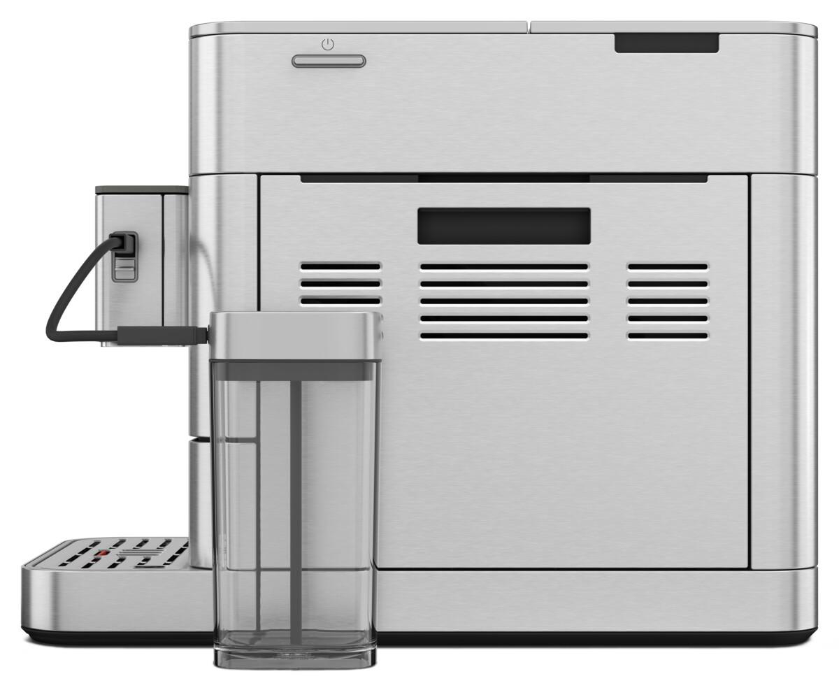 Nahaufnahme einer Espressomaschine aus Edelstahl mit Wassertank.