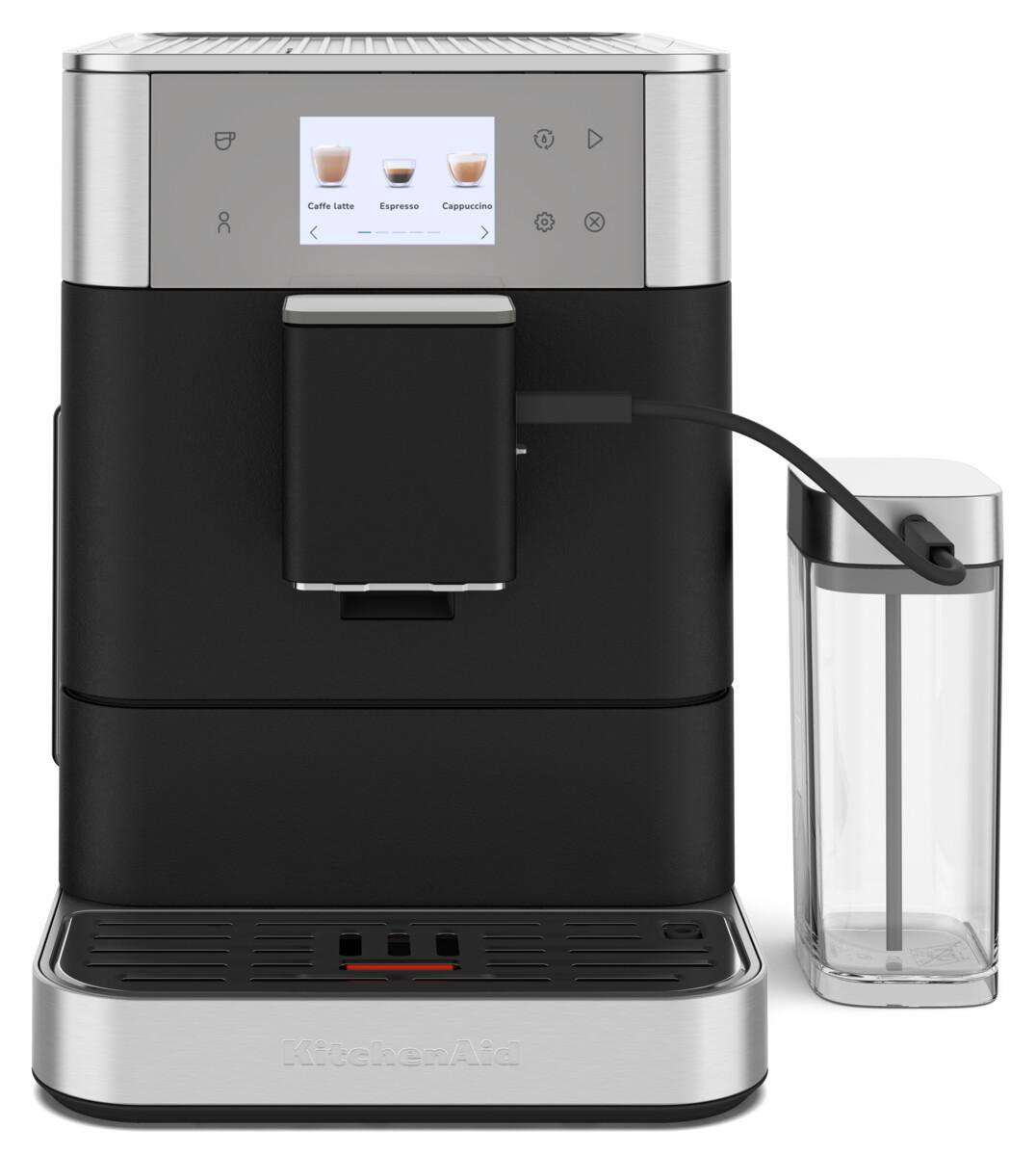 Schwarze und silberne KitchenAid Espressomaschine mit Touchscreen-Display und Wasserbehälter.