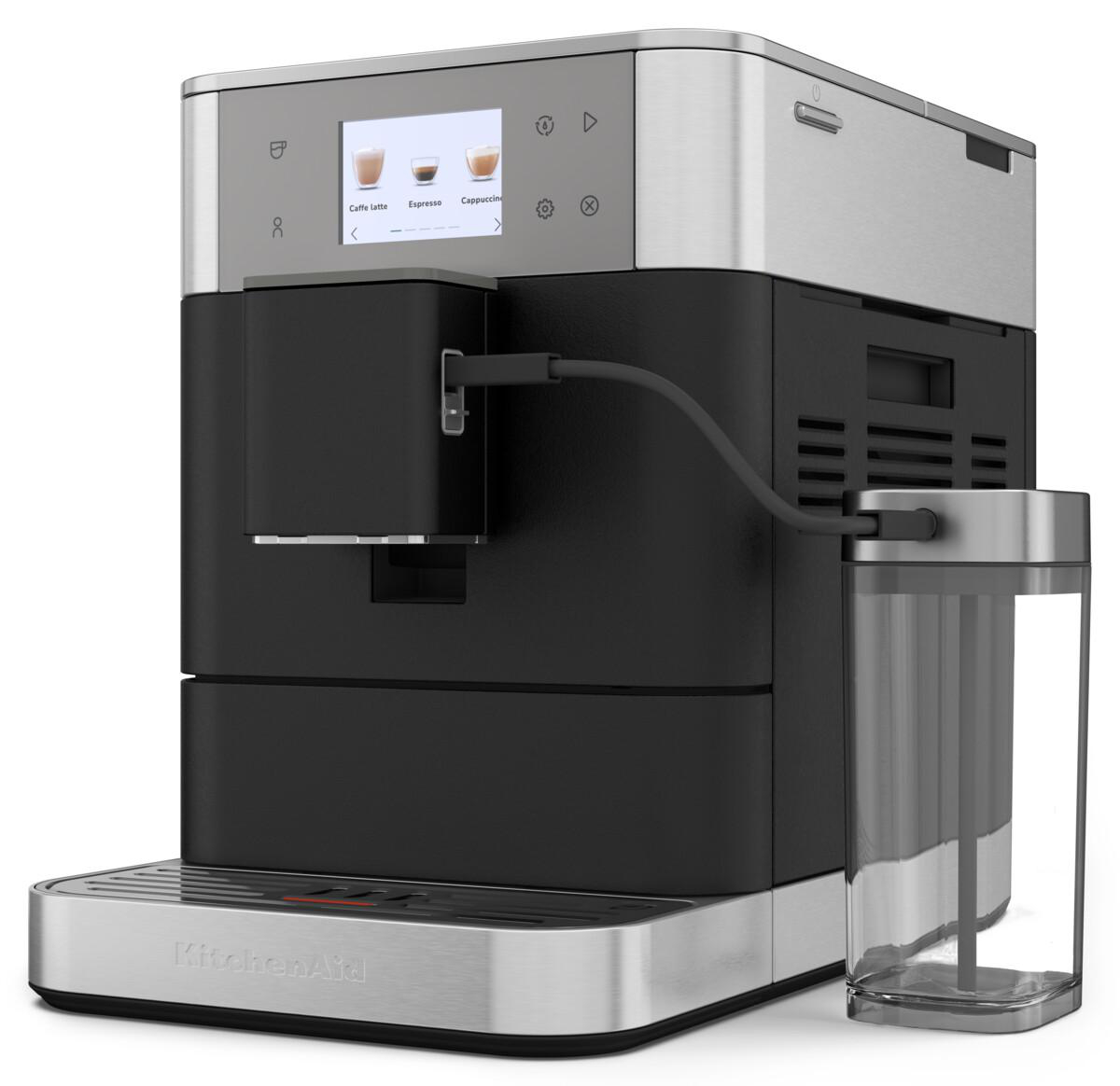 Espressomaschine von KitchenAid aus Edelstahl und Schwarz mit Touchscreen und Glastank.
