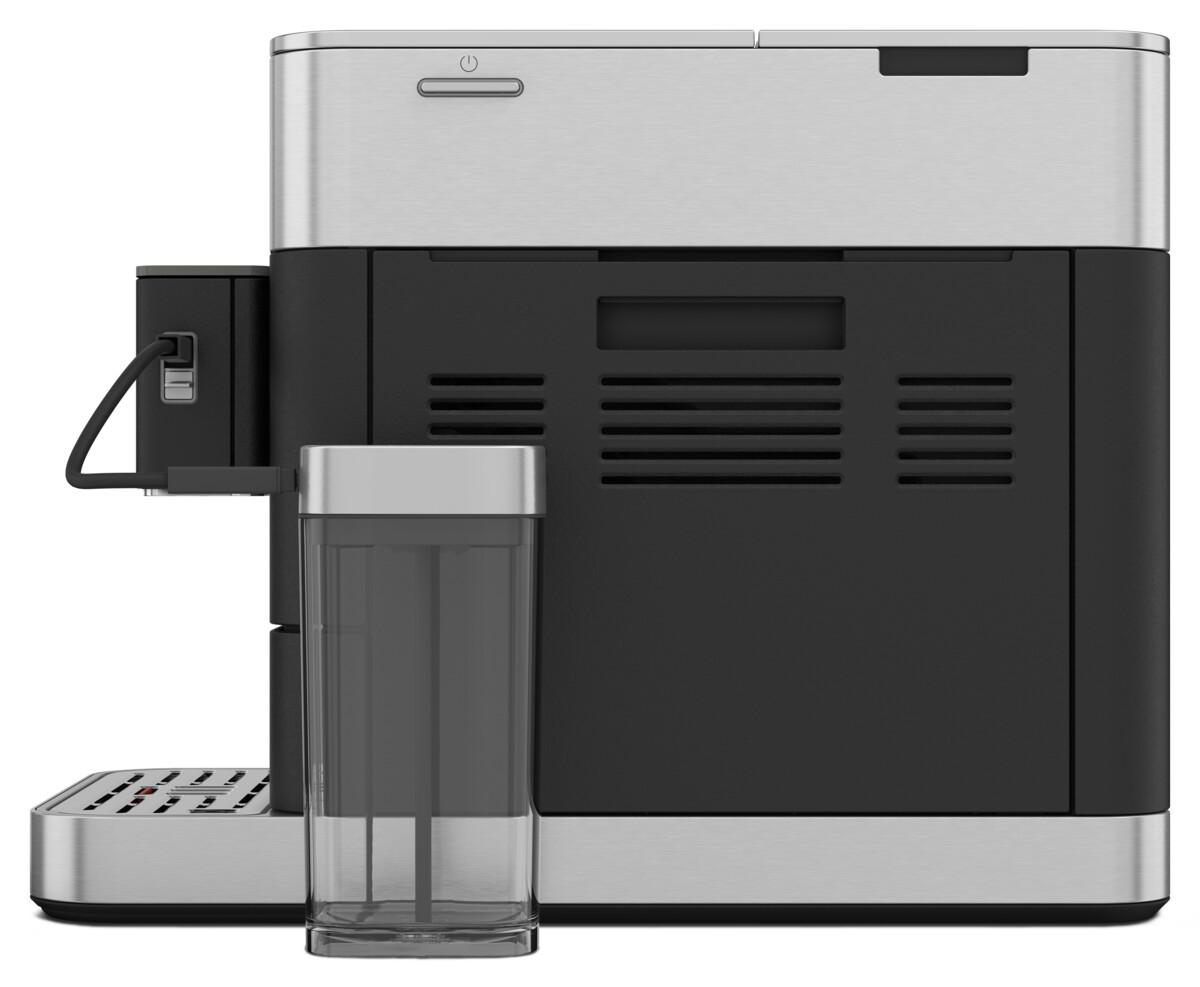 Rückansicht einer silber-schwarzen Espressomaschine mit Wassertank.