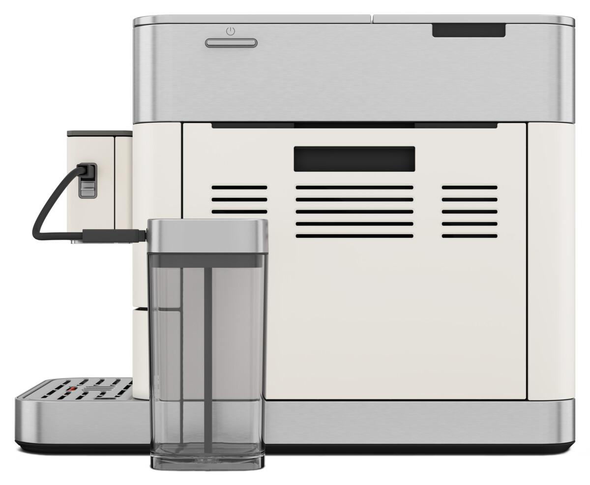 Kaffeemaschine, Vorderansicht, mit Wasserbehälter und Netzkabel.