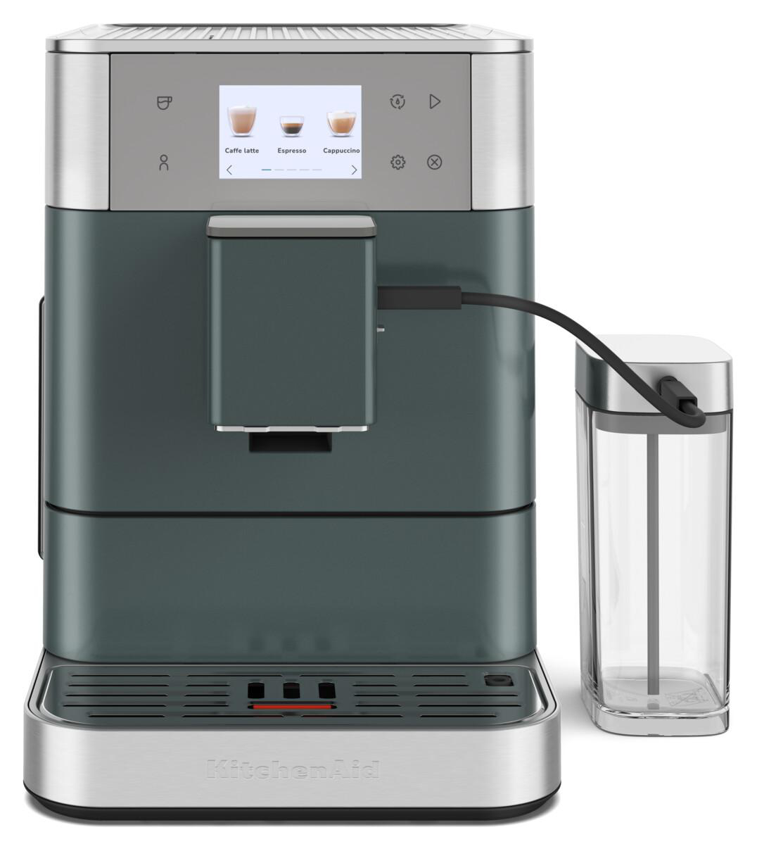 Eine KitchenAid Espressomaschine. Sie ist dunkelgrün mit einem Touchscreen und einem Wasserbehälter.