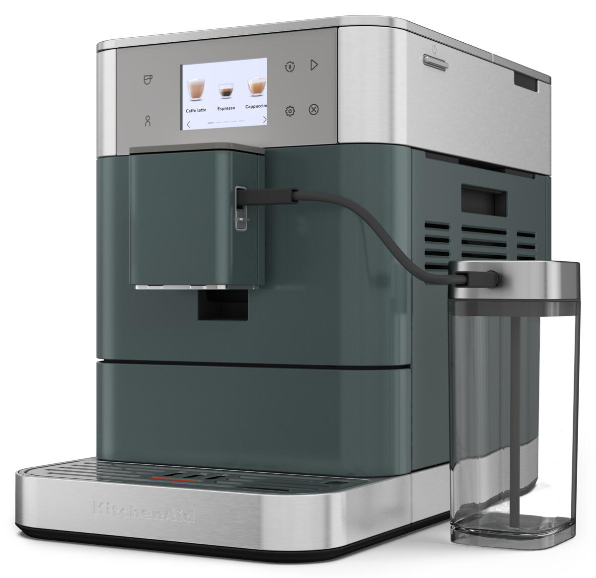 Eine dunkelgrüne Espressomaschine mit silbernem Oberteil, Wasserbehälter und kleinem Bildschirm.