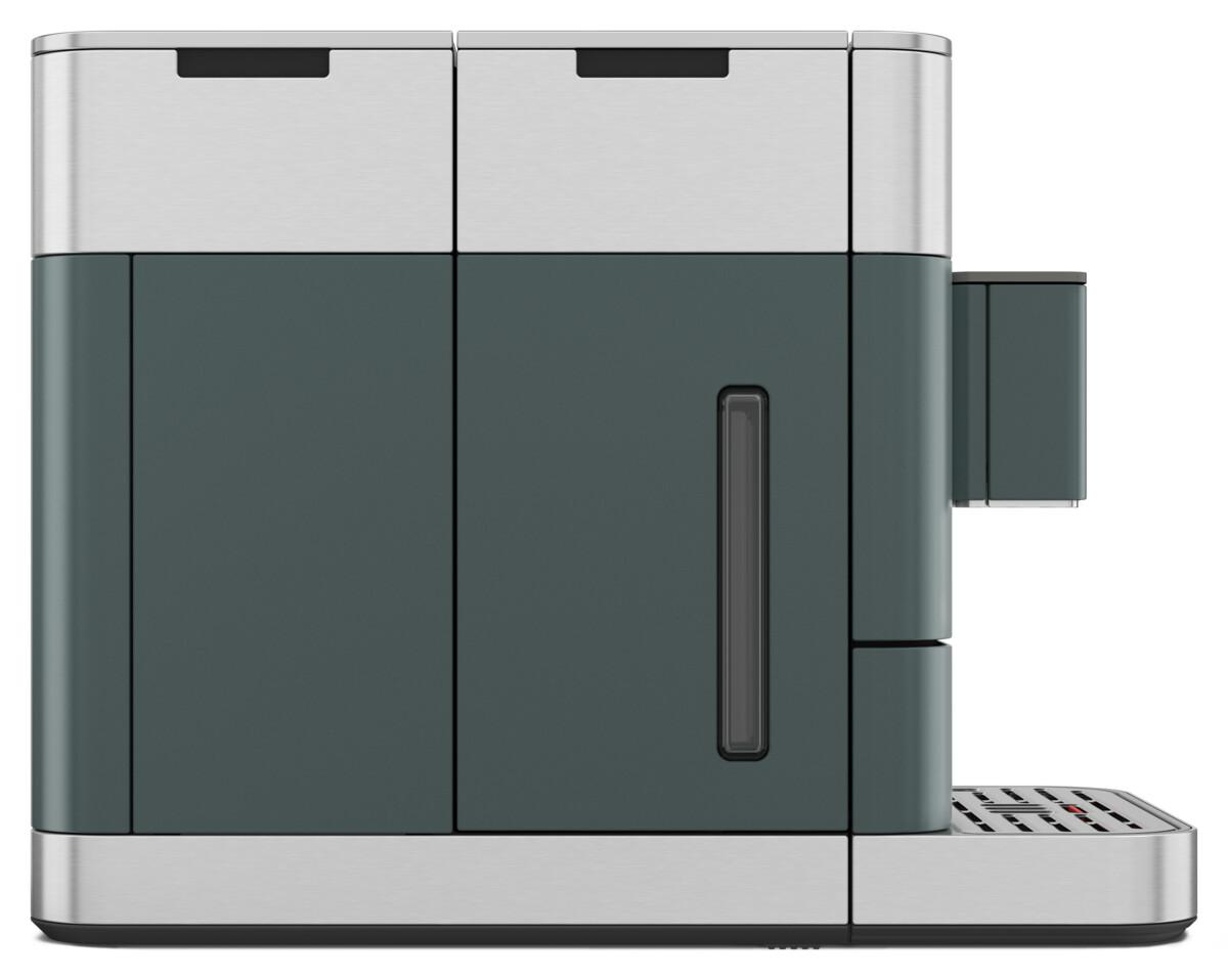 Seitenansicht einer modernen Kaffeemaschine mit dunkelgrünem und silbernem Design.