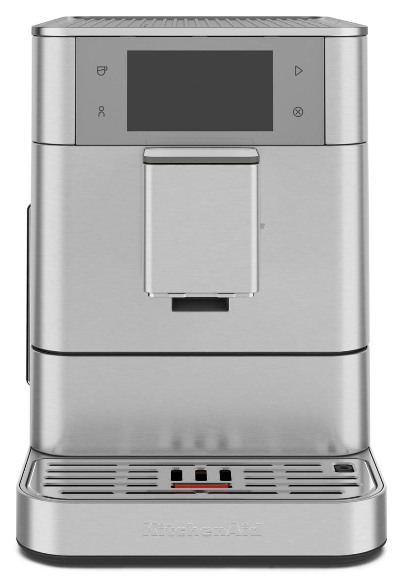 Eine Espressomaschine von KitchenAid aus Edelstahl, Vorderansicht.
