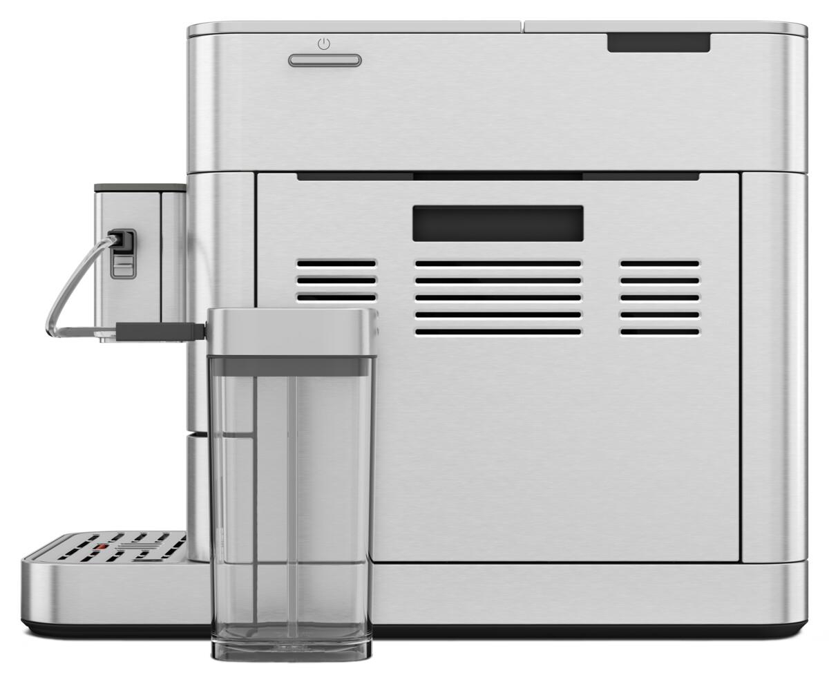 Kaffeemaschine aus Edelstahl mit Wassertank und Kaffeeauslauf.