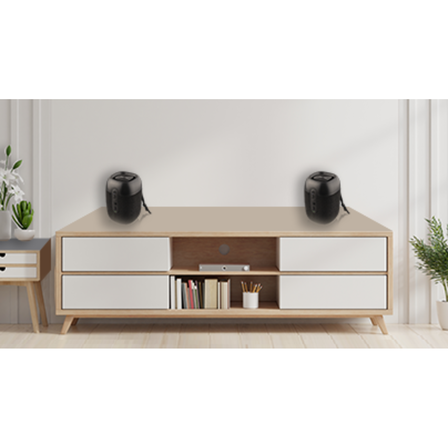 Twee zwarte speakers op een houten tv-meubel. Witte muur achtergrond. Boeken, vaas en plant aanwezig.