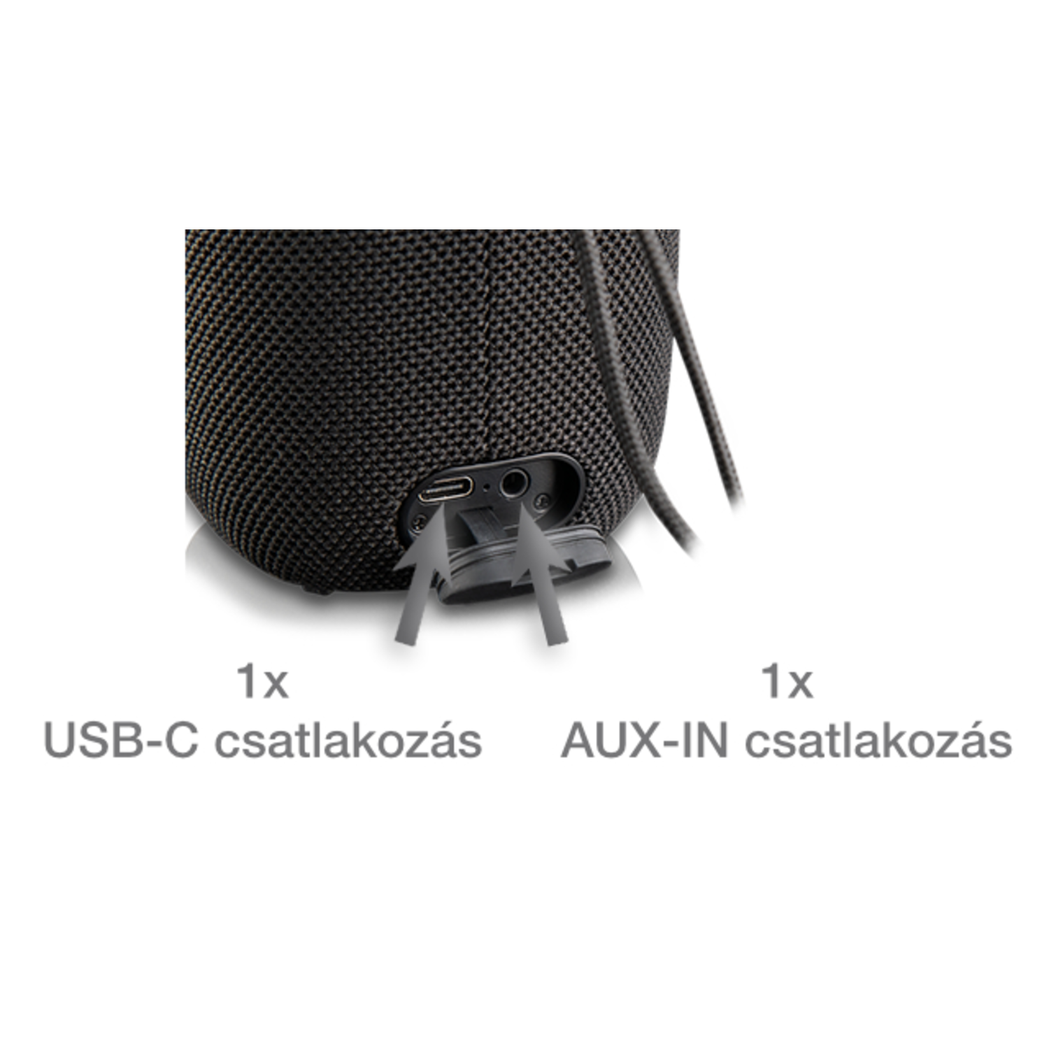 Close-up of a black portable speaker showing USB-C and AUX-IN ports.