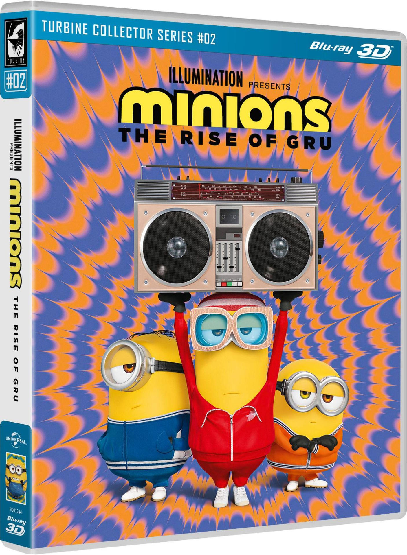 DVD-Cover mit Minions-Figuren, die eine Boombox halten, vor einem Wirbelhintergrund.