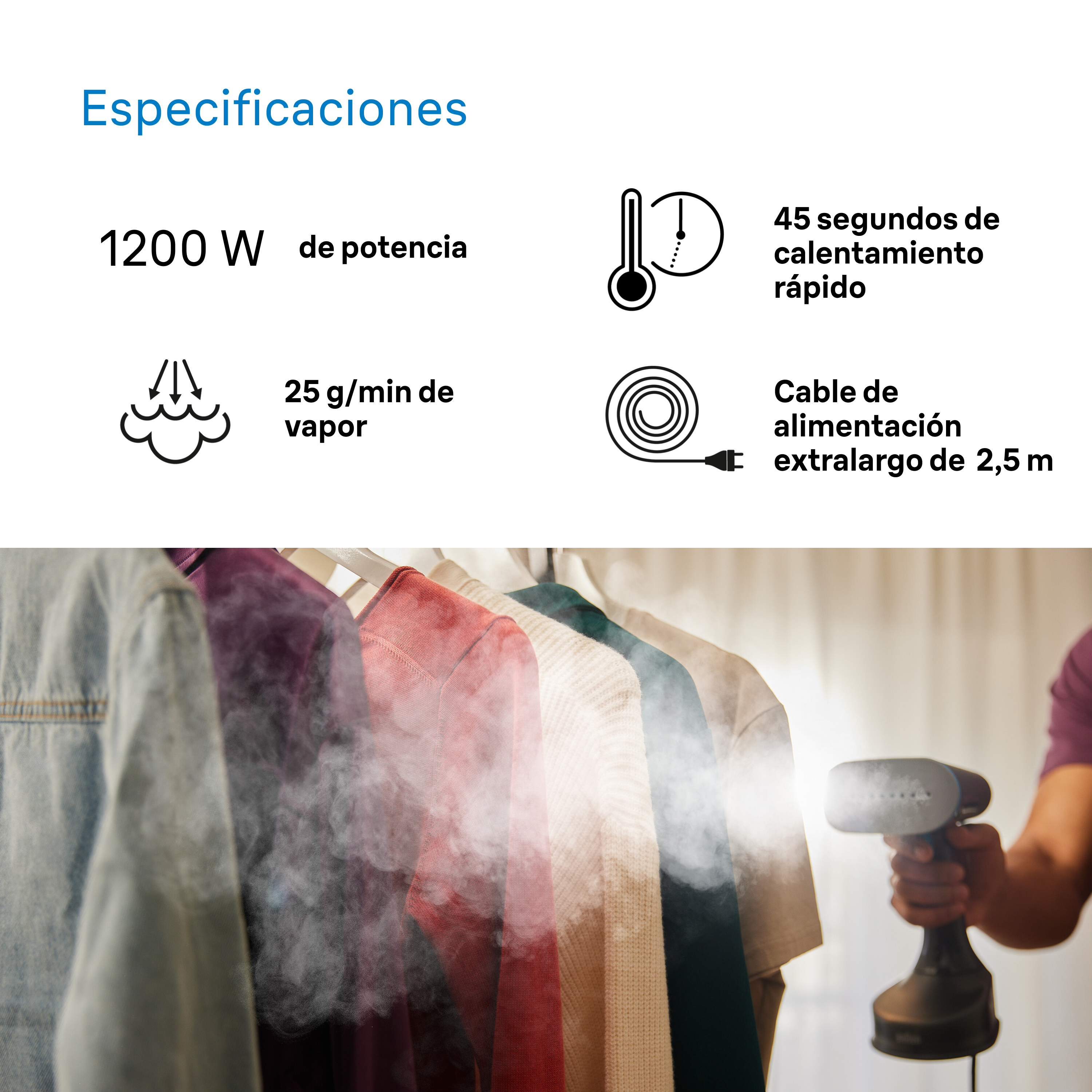 Ropa siendo planchada con vapor. Texto con especificaciones. Información sobre potencia y vapor presente.