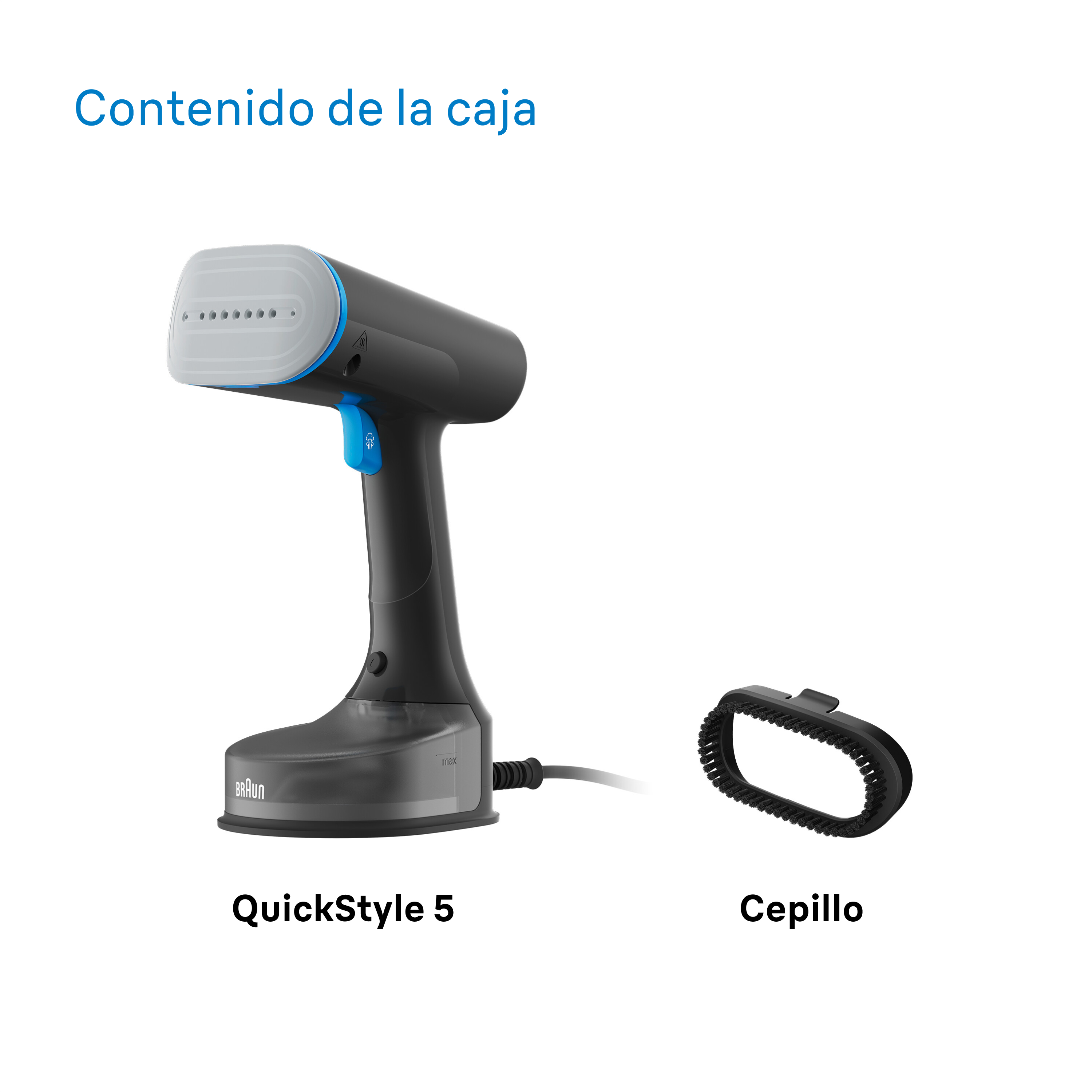 Un vaporizador de ropa de mano negro y azul con un cepillo.