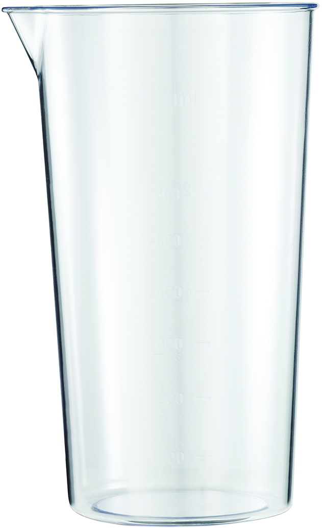 Átlátszó, magas mérőpohár fehér milliliter jelzéssel.