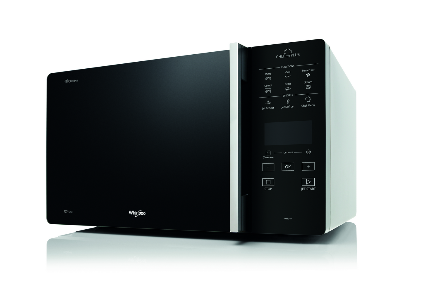 Horno microondas blanco con puerta negra y panel de control.