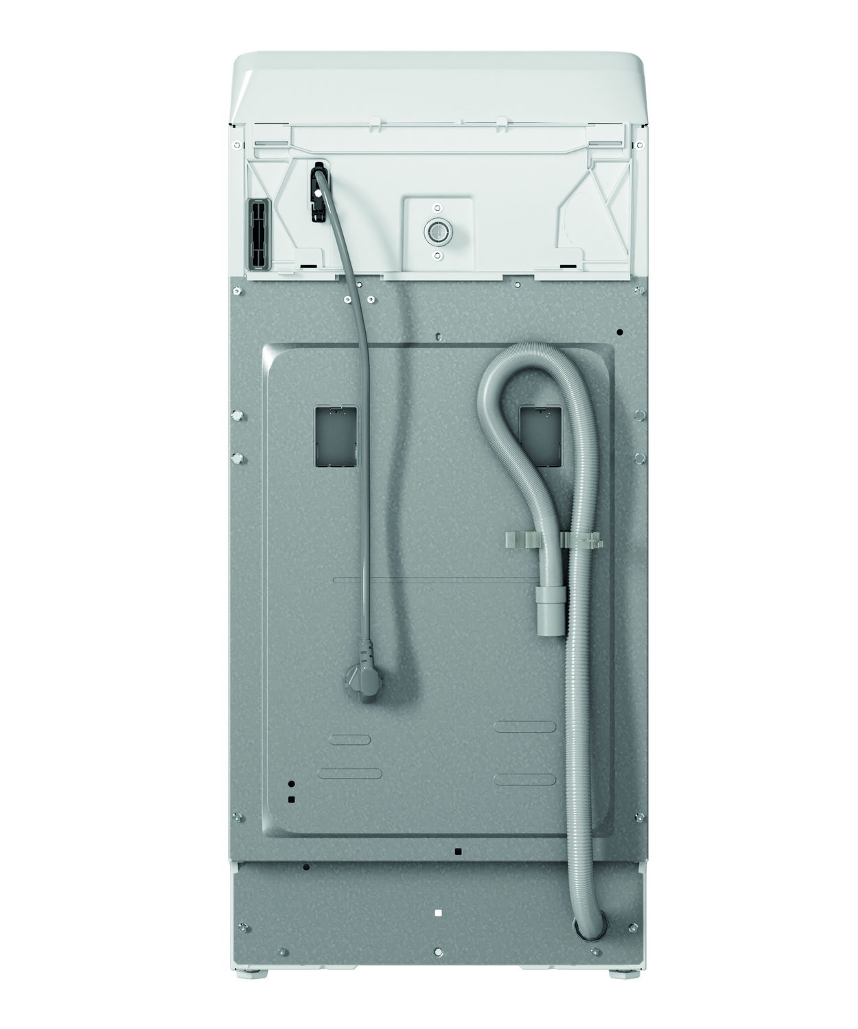 Parte trasera de lavadora blanca. Se ven manguera de agua, cable de alimentación y panel.