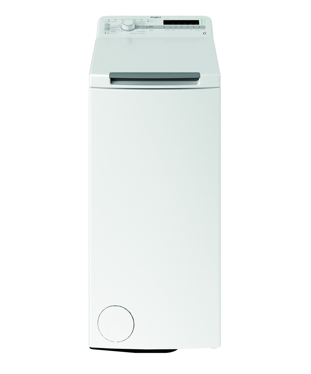 Lavadora de carga superior blanca Whirlpool. Tiene un panel de control y una puerta redonda.