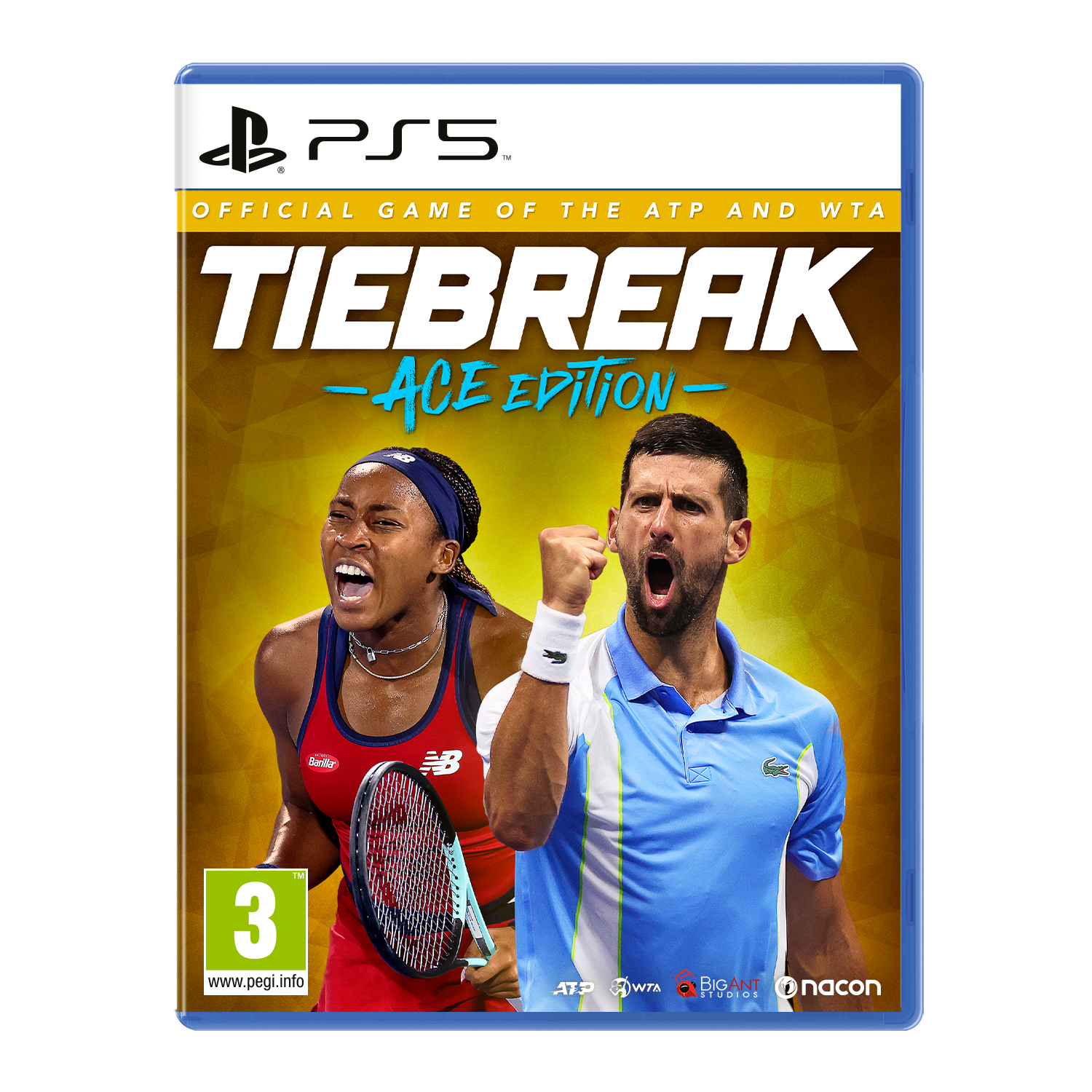 PS5 game cover voor Tiebreak - Ace Edition. Toont tennissers en de titel van het spel.