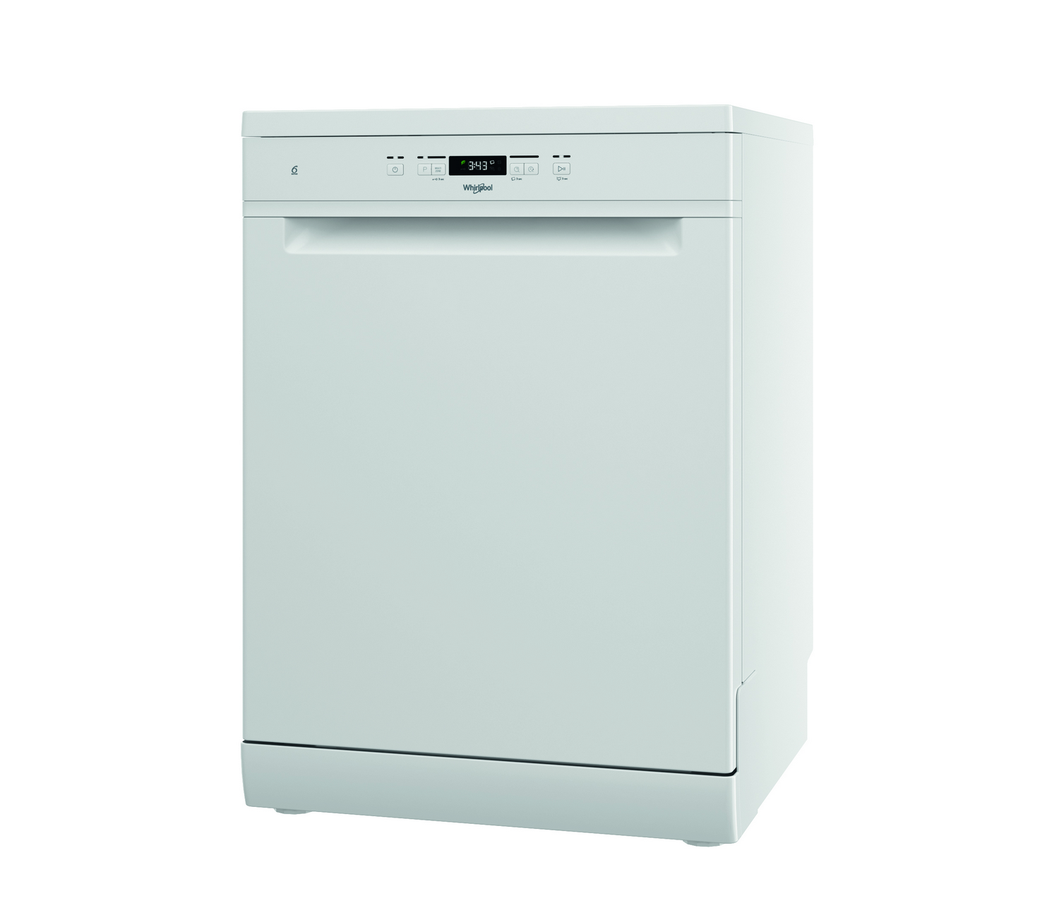 Un lavavajillas Whirlpool blanco, vista lateral en ángulo, aislado en blanco.
