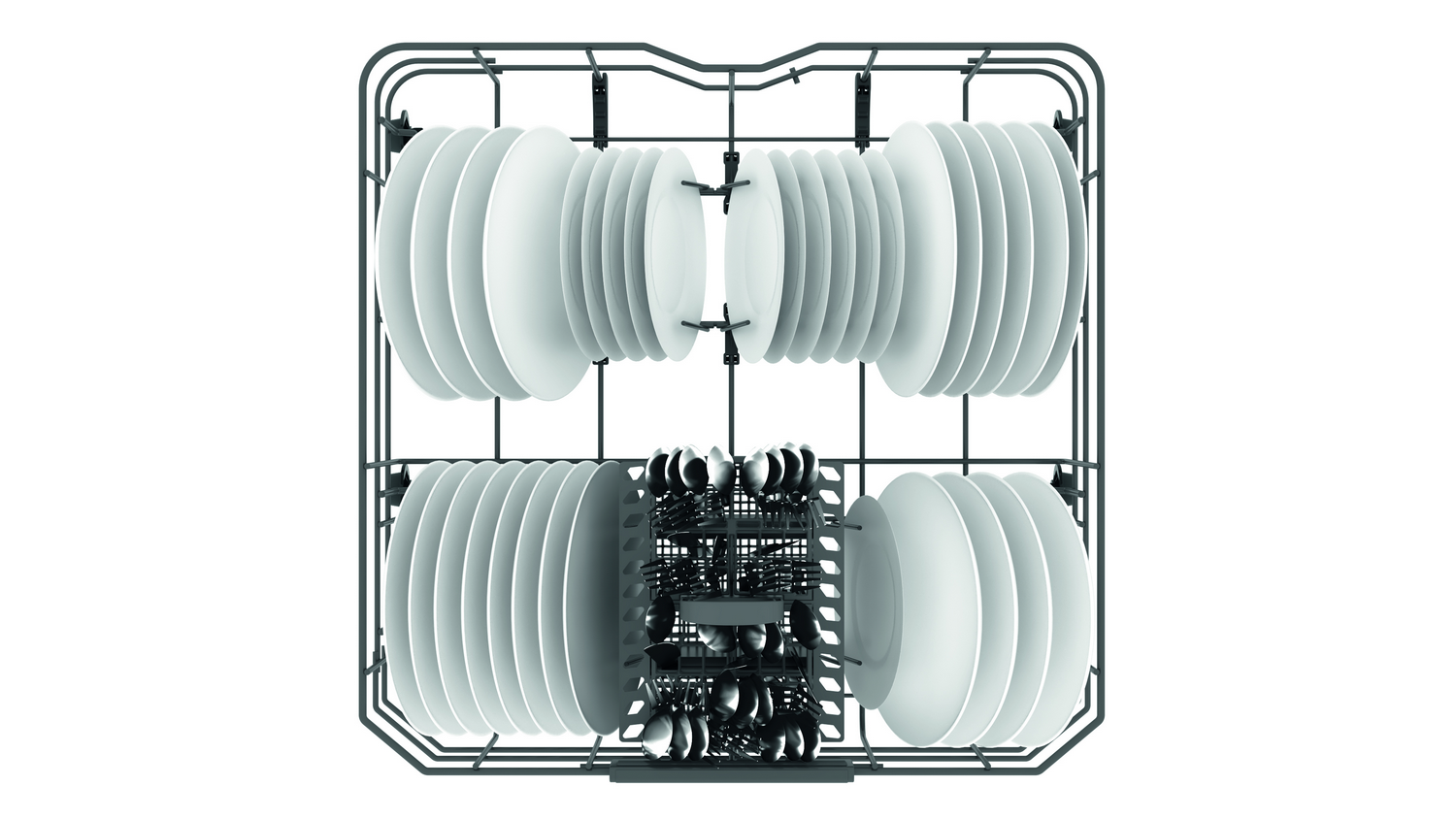 Cesta de lavavajillas llena de platos, cuencos, cubiertos y tazas. Todo blanco sobre fondo blanco.