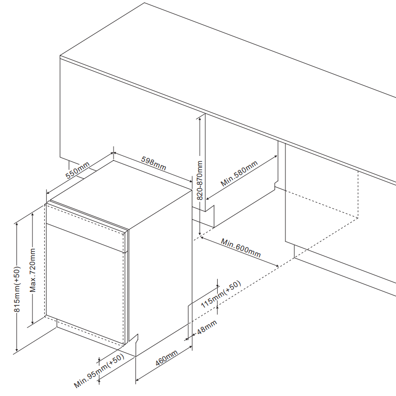 Diagram a mosogatógép konyhaszekrénybe való beszerelésének méreteiről.